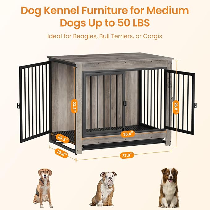 Dog Crate Furniture, 38 Inch Indoor Dog Kennel for Medium Dogs Up to 50 LBS, Heavy Duty Wooden Pet Cage End Table with 3 Doors, Alloy Steel Frame & Removable Tray