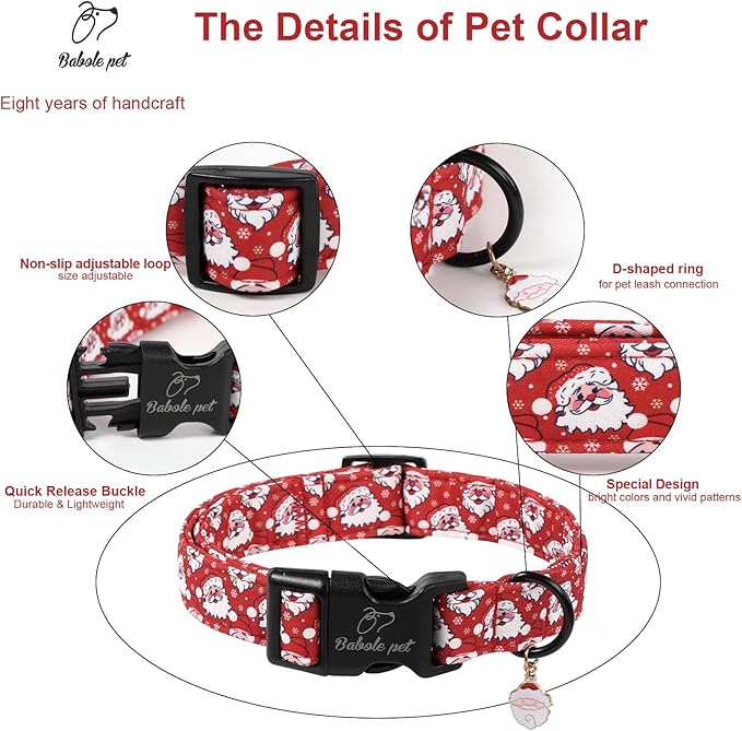 Christmas Dog Collar - Cute Red Santa Christmas Puppy Collar with Safety Buckle, Soft Adjustable Holiday Dog Collars for Small Medium Large Dogs XL