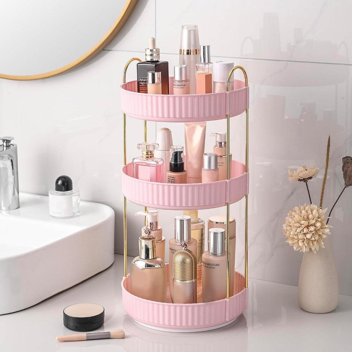 Aveniee Rotating Makeup Organizer, 3-Tier Pink Vanity Storage