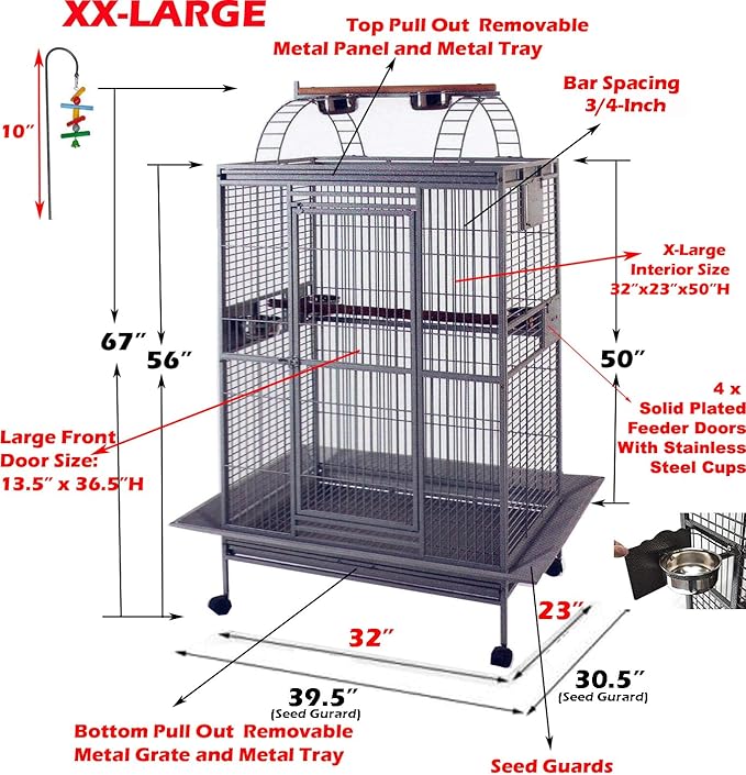 X-Large Double Ladders Open/Close Play Perch Stand Top Wrought Iron Bird Parrot Parakeet Finch Macaw Cockatoo Home Cage Include Seed Guard and Toy Hook