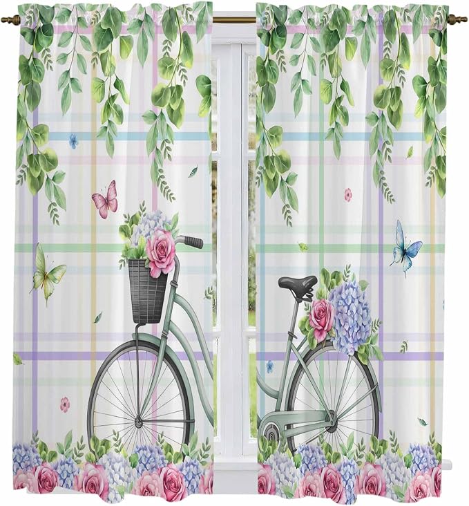 Spring Kitchen Curtains, Bicycles Botanical Leaves Rose Colorful Stripes Light