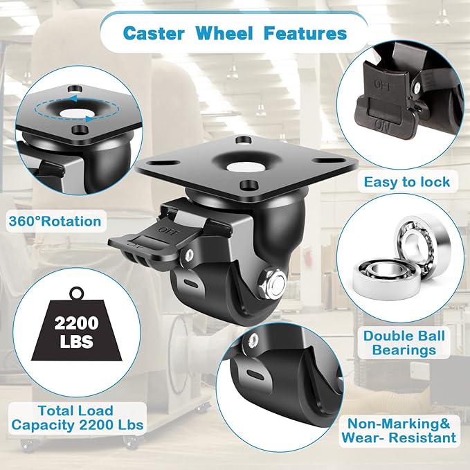 Nefish 2-Inch Heavy Duty Casters Set of 4, Industrial Grade Castors Wheels 2200 LBS, Low Gravity Plate Swivel Caster with Brake, Durable & Corrosion-Resistant Nylon Wheels for Industrial, Equipment