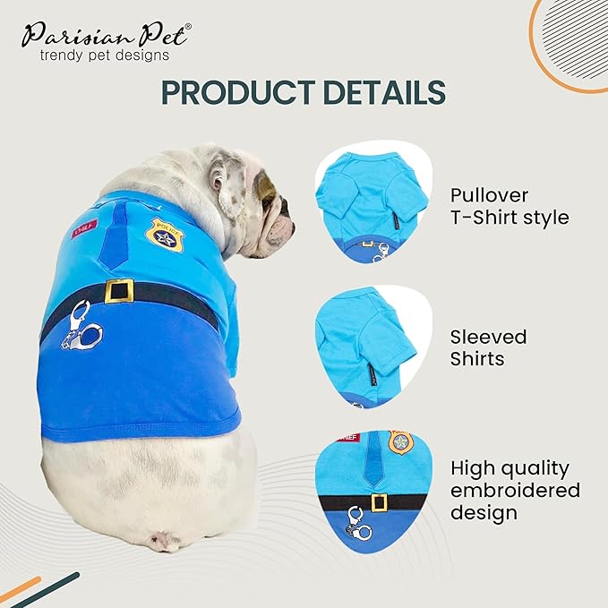 Parisian Pet Sleeved Cop Costume - Embroidered Police Dog Shirt - Blue Cotton & Polyester Sleeved Cop Costume for Large Dogs
