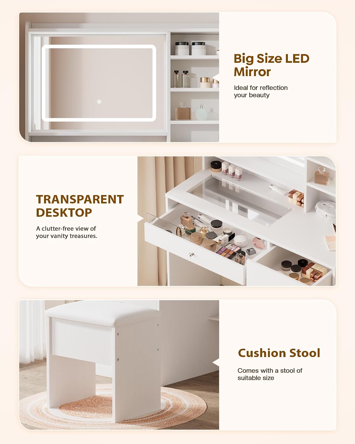 LIVELYGLOW 39.4" White Vanity Desk Set with Glass Desktop & RGB Light Strip