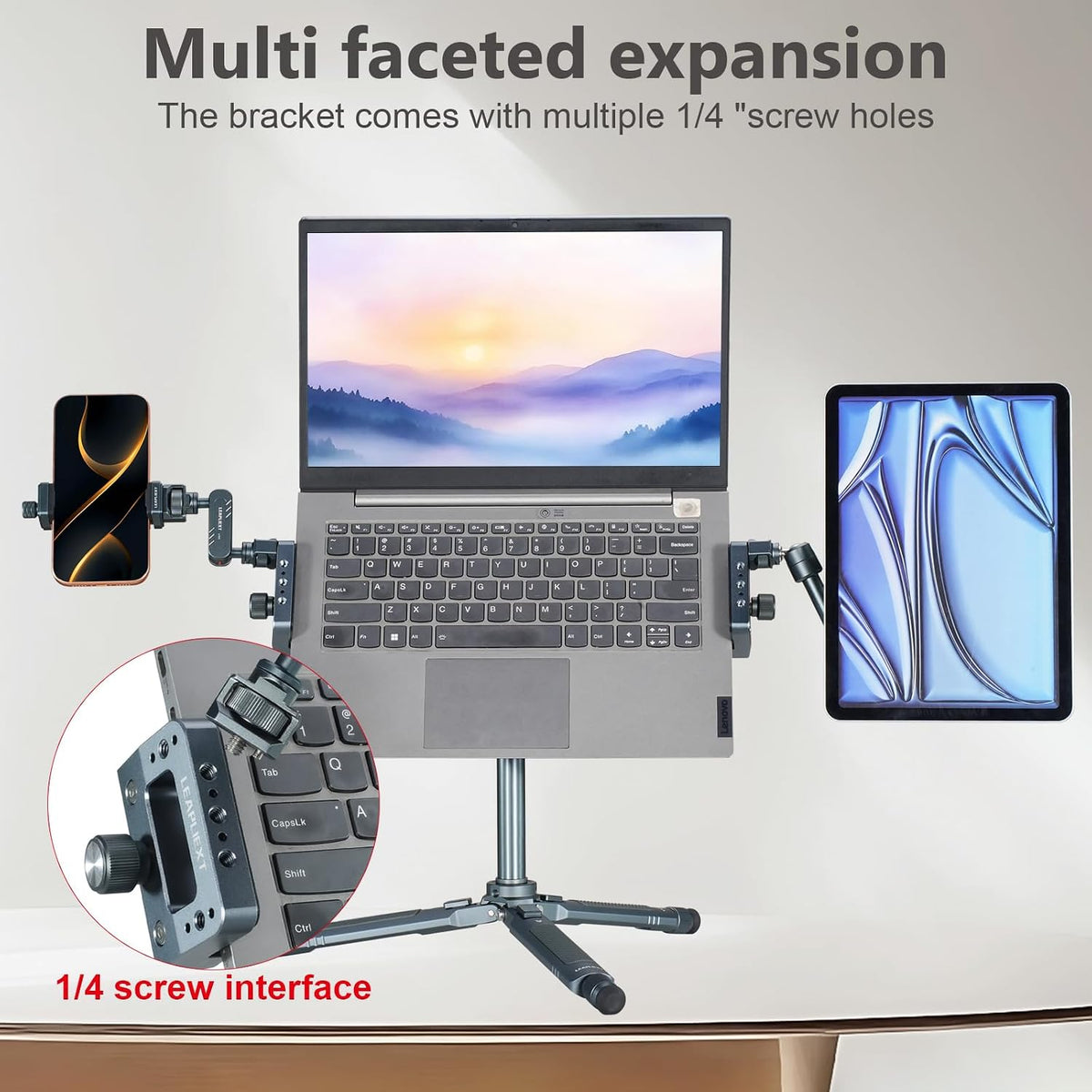 Laptop Stand for Tripods, Aluminum Construction, 1/4" and 3/8 Ports, Arca-Swiss Quick Release System, Anti-Slip Heat Display, Studio Live, Media Production, Outdoor Laptop Fixed Scenes