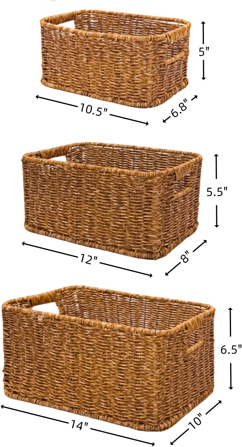 GIB Woven Storage Baskets for Organizing, Plastic Wicker Storage Baskets for Shelves, Waterproof Rectangular Storage Bins Organizers for Closet Pantry Table, Set of 3, Brown