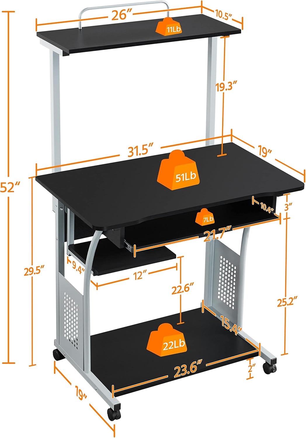 Topeakmart Compact Rolling Computer Cart with Keyboard Tray & Shelf, Black