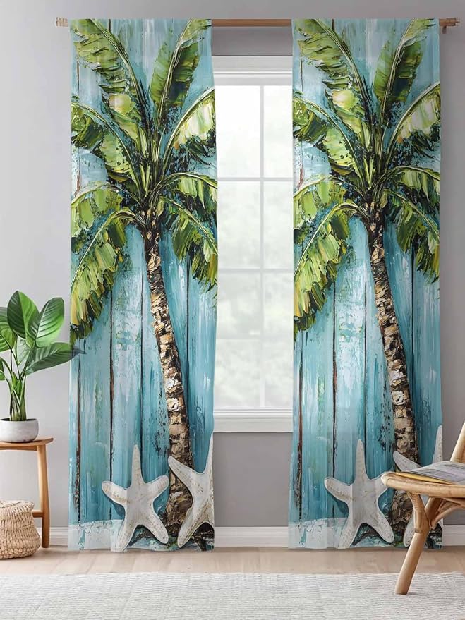 Sheer Curtains 84 Inches Long, Coastal Beach Starfish Semi Sheer Curtains Light