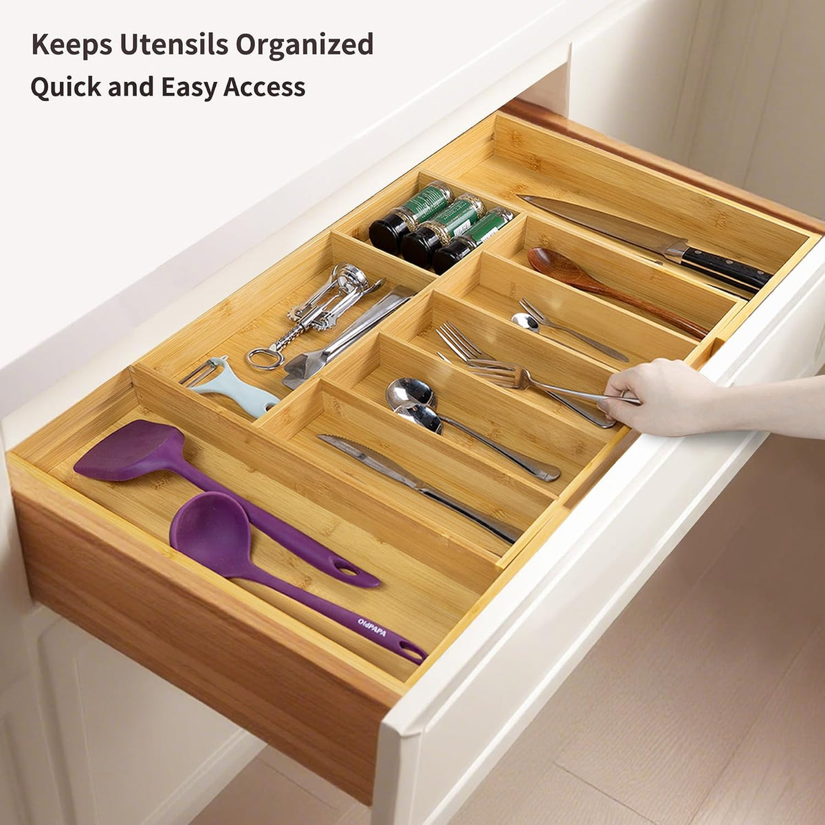 Utoplike Extra Large Kitchen Drawer Organizer, Solid Bamboo Silverware Tray