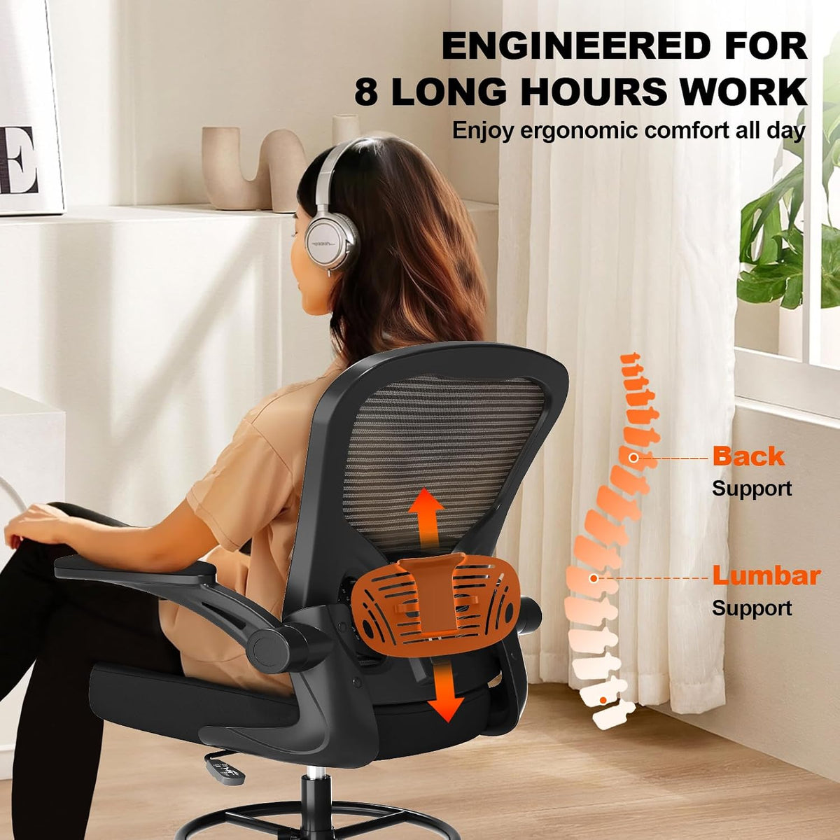 Synorla Ergonomic Tall Drafting Chair-Mesh Desk Chair with Flip-Up Arms