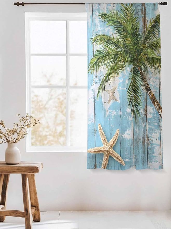 Sheer Curtains 63 Inch Length, Coastal Beach Blue Semi Sheer Curtains Light