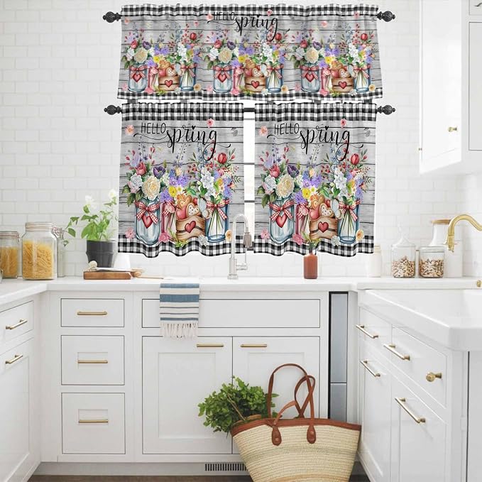 Spring Flowers Kitchen Curtains Set 3 Piece