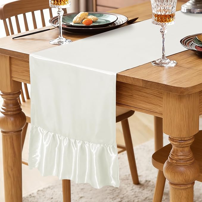 2 Pack White Satin Table Runner 12 x 72 Inch | Ruffle Design, Luxurious Dining