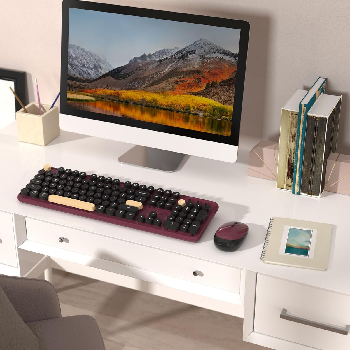 Retro Wireless Keyboard and Mouse Combo with Wrist Rest (Claret-Red)