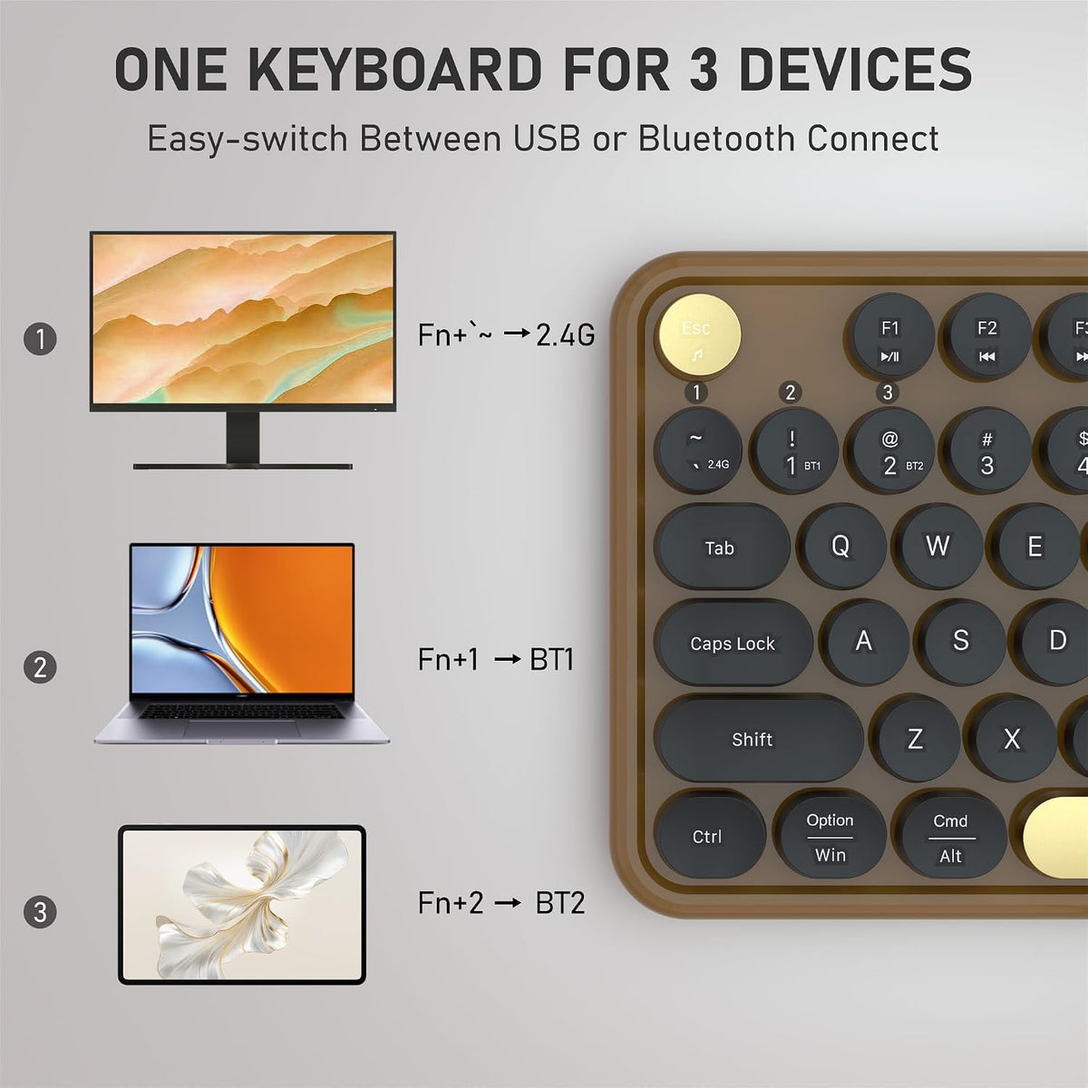 Colorful Wireless Bluetooth Keyboard (Black-Brown)