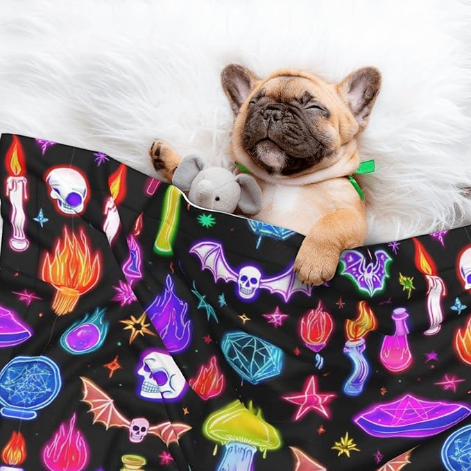 Reversible Plush Dot Pet Blanket for Dogs and Cats, Halloween Goth Skull Bat Mushroom Witchy Witch, Ultra Soft Two Sided Design with Warm Fuzzy Side and Smooth Side for Comfort