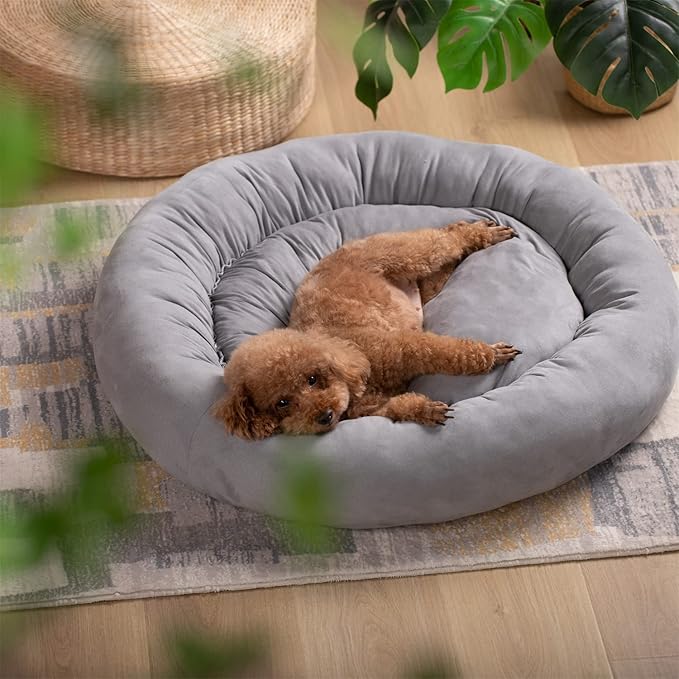 KASENTEX Round Dog Bed for Small Dogs and Puppies - Donut-Shaped, Anti-Slip, Machine Washable Cat Bed - Grey, 20x20 Inches