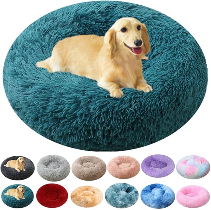 Calming Large Dog Bed & Cat Bed, 43 Inch Anti-Anxiety Donut Dog Cuddler Cat Bed, Warming Cozy Soft Dog Round Bed, Fluffy Faux Fur Machine Washable Pet Cushion for Medium Dogs & Cats (Dark Blue)