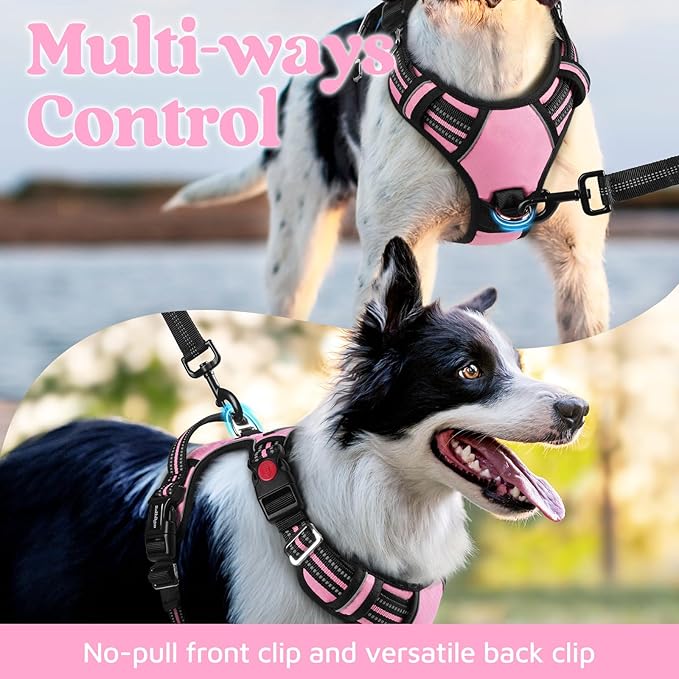 rabbitgoo Dog Harness Medium Sized, No Pull Dog Vest with 3 Buckles, Adjustable Soft Padded Pet Harness with Easy Control Handle and Reflective Strips, Light Pink, M
