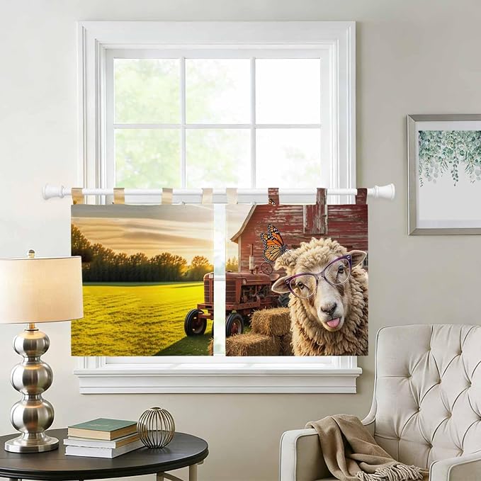 Farm Sheep Kitchen Curtains 24 Inch Length, Small Window Curtains Tab Top