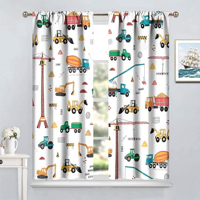 Construction Window Curtains, Kids Cartoon Construction Machines Building Hand