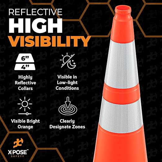 Xpose Safety 36 Inch Orange Traffic Cones Heavy Duty 12lb with 6" & 4" Collars, 4 Pack - Multipurpose PVC Plastic Safety Cone for Parking, Soccer, Caution, Kids and Construction - DOT Approved