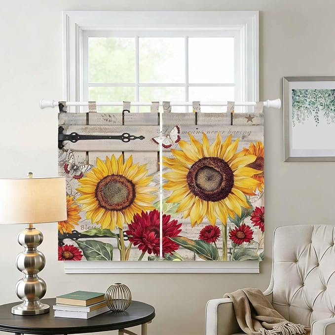 Red Yellow Sunflowers Kitchen Curtains 45 Inch Length, Short Cafe Window