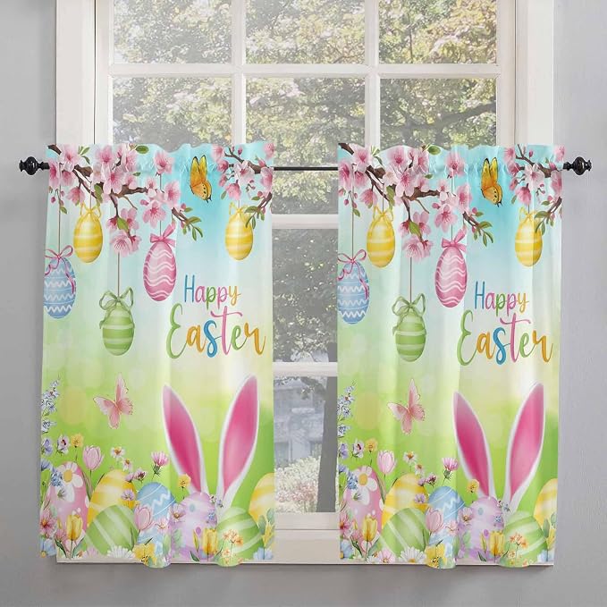 Easter Kitchen Curtains 45 Inches length, Spring Bunny Colorful Rabbit Eggs