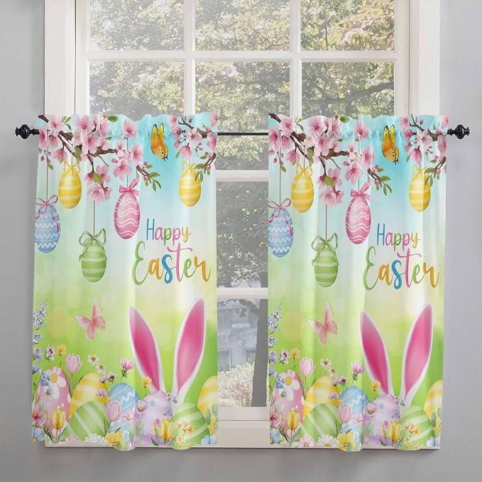 Easter Tier Curtains 45 Inches Long, Spring Bunny Colorful Rabbit Eggs