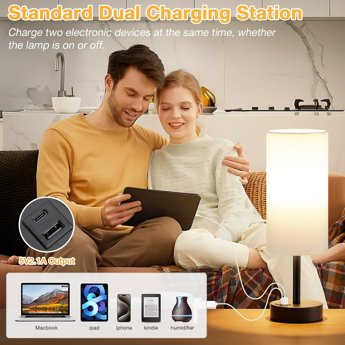 Dicoool Bedside Table Lamp for Bedroom - 3-Way Dimmable Touch Lamp, USB A+C