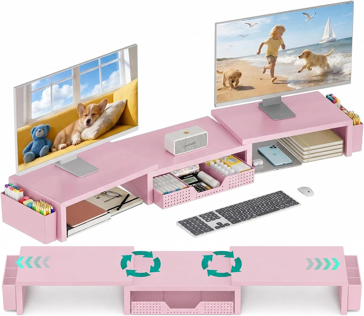 OPNICE Desk Organizer and Accessories, Computer Monitor Stand Riser with Drawer and 2 Pen Holders, Laptop Stand, Office Desk Accessories for Office Supplies, Pink