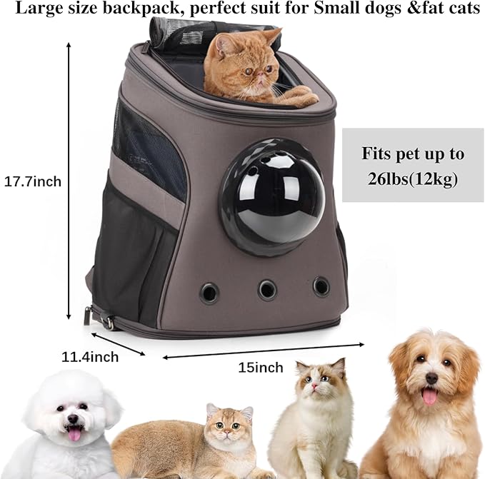LOLLIMEOW Large Pet Carrier Backpack, Bubble Backpack Carrier for Fat Cats and Puppies,Airline-Approved(Grey)