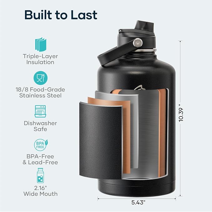 BUZIO 87oz Insulated Water Bottle Triple Wall Vacuum Stainless Steel | Half