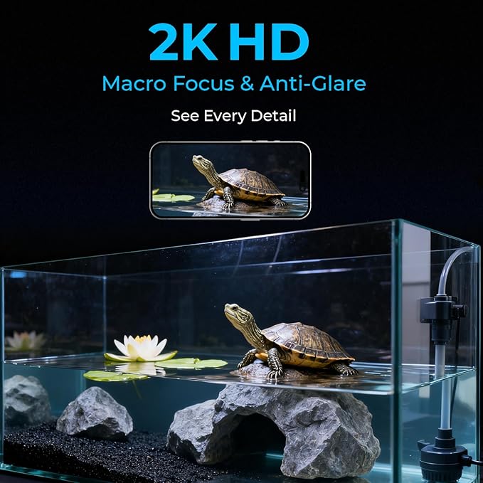 2K HD Turtle Terrarium & Tank WiFi Camera, 140° Wide-Angle Anti-Glare Lens, Night Vision, Two-Way Audio, AI Motion Alerts, 24/7 Recording, Easy Stick-On Install for Pet Turtles