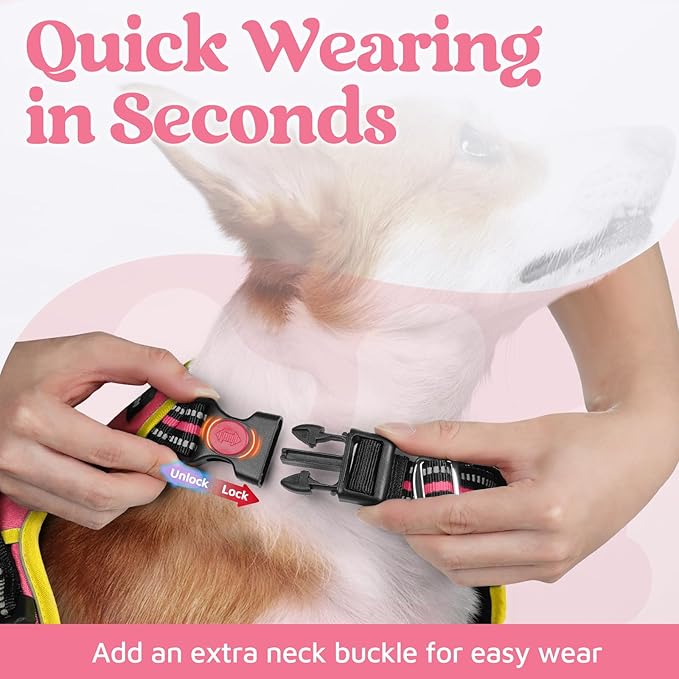 rabbitgoo Dog Harness Small Sized, No Pull Dog Vest with 3 Buckles, Adjustable Soft Padded Pet Harness with Easy Control Handle and Reflective Strips, Pink & Yellow, S