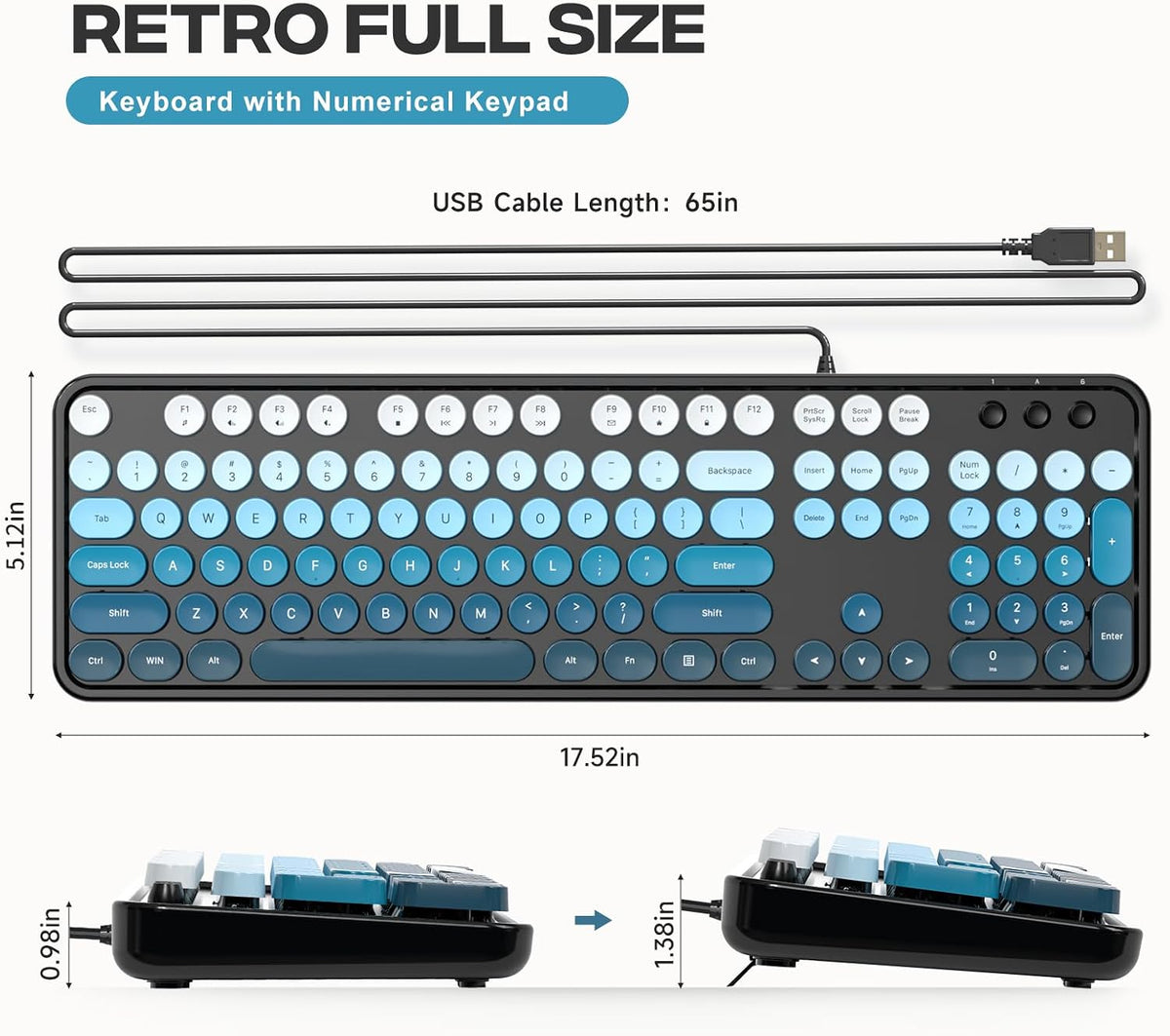 MOFII Computer Keyboards Wired, Plug Play USB Full Size Typewriter Keyboard, Cute Colorful Aesthetic Keyboard with Foldable Stands for Windows PC Laptop (Black Blue)