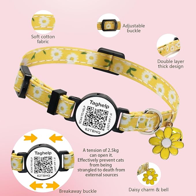 QR Code Breakaway Cat Collar 2-Pack, Safety Collar with Online Pet ID Profile, Flower Bell Collars for Lost Cat Prevention,Ideal for Girl Cats Boy Cats(Yellow&Green)