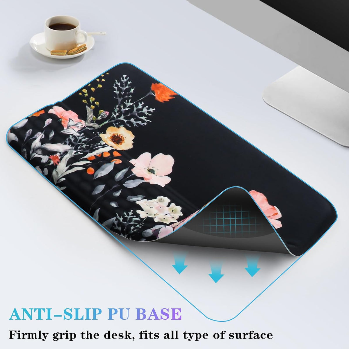 Computer Keyboard Stand with Wrist Rest, Ergonomic Tilted Keyboard Holder - Keyboard Riser with Wrist Pad - Keyboard Tray Support for Office Home - Black Flowers