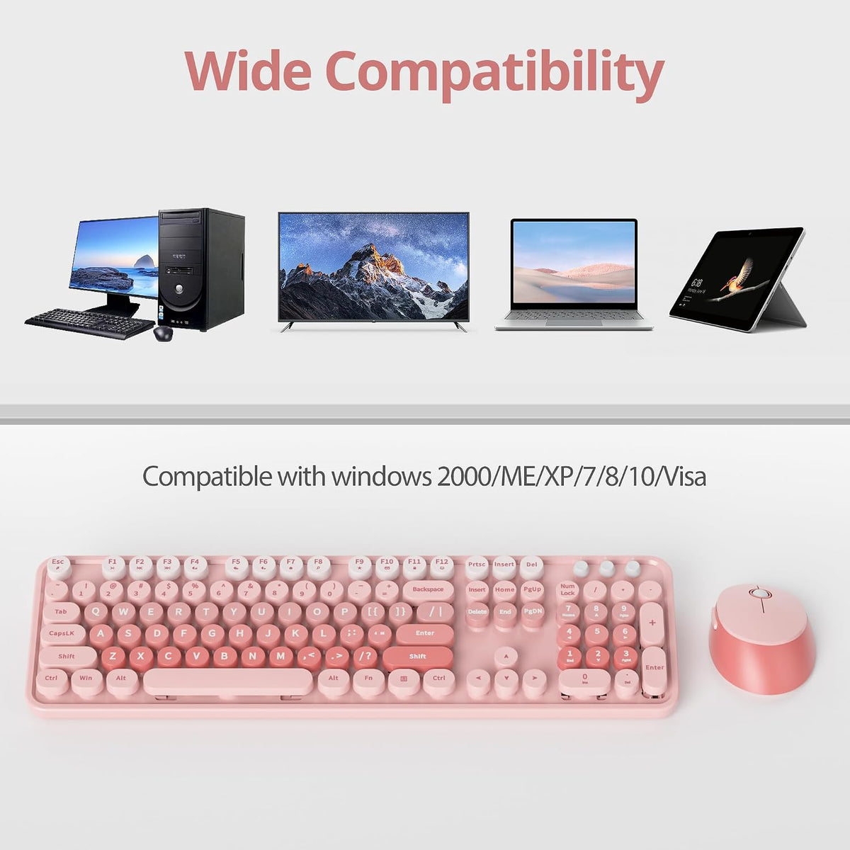 Wireless Keyboard Mouse, SbocKeeb Retro Typewriter Cute Keyboard Pink