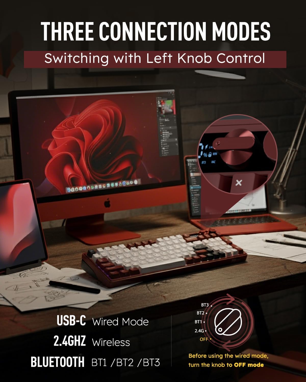 RK ROYAL KLUDGE M100 Wireless Mechanical Keyboard with Screen & Knobs, Red