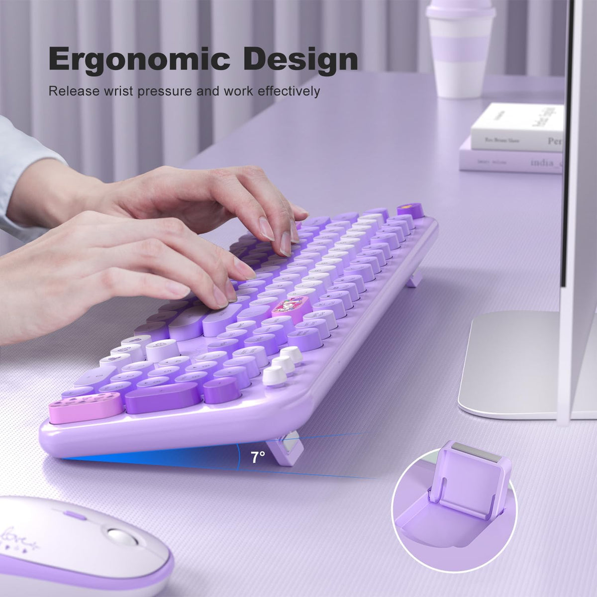 MOFII Wireless Keyboard and Mouse Combo, Cute Colorful Full Size Keyboard and Adjustable Mouse, 2.4GHz Retro Typewriter Keyboard and Mouse Set for PC/Desktop/Laptop/Windows (Purple Colorful)