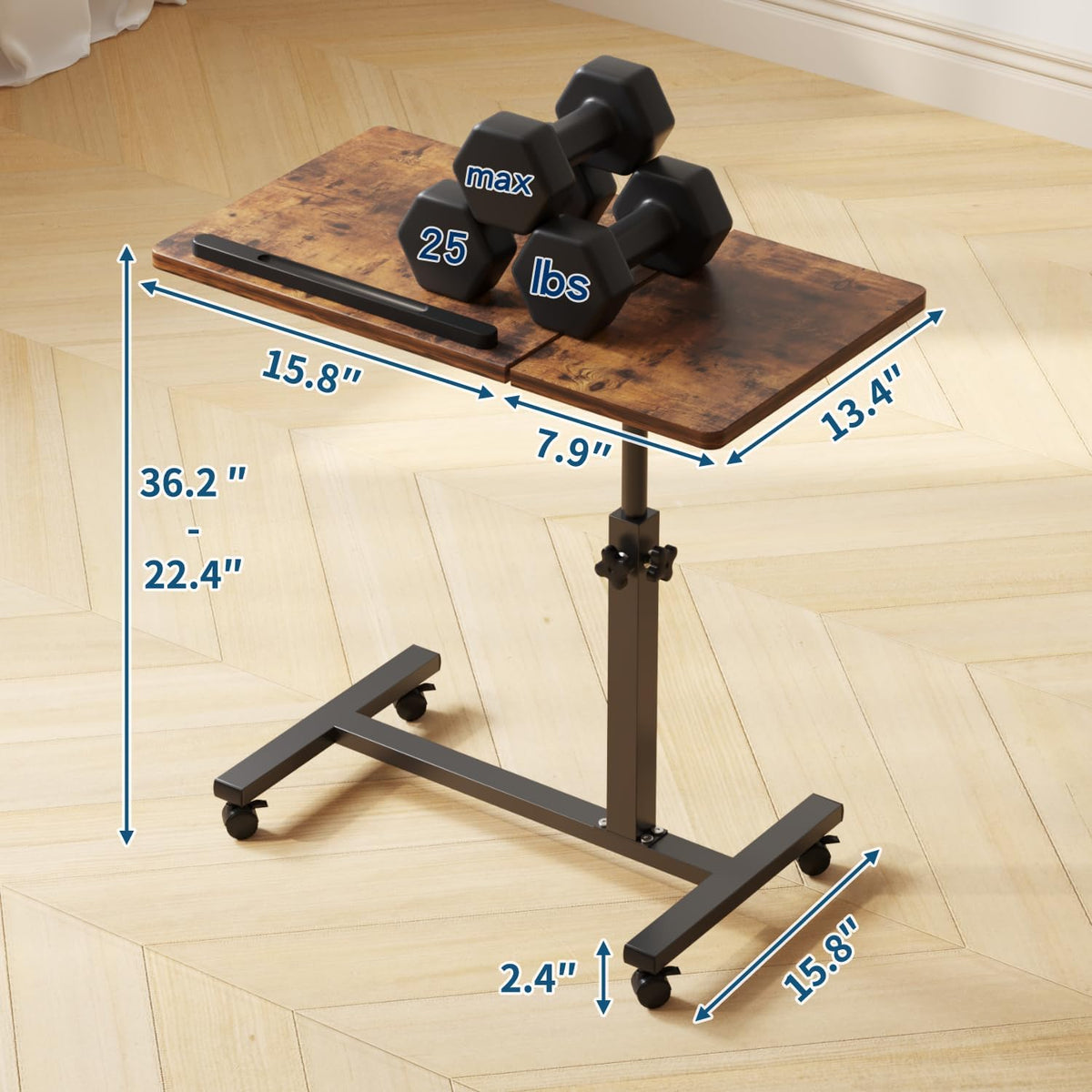 Adjustable Overbed Table with Wheels, Bedside Laptop Desk, Brown