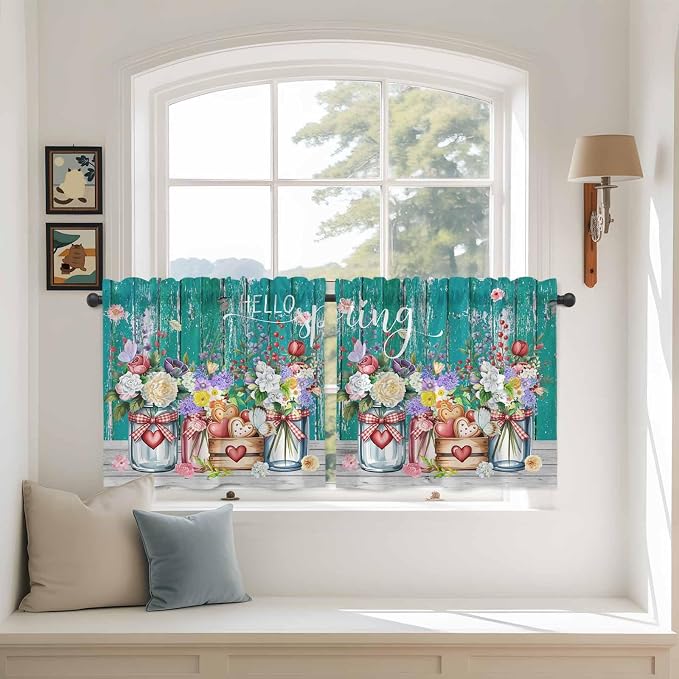 Spring Flowers Tier Curtains, Farmhouse Watercolor Teal Wood Grain Light