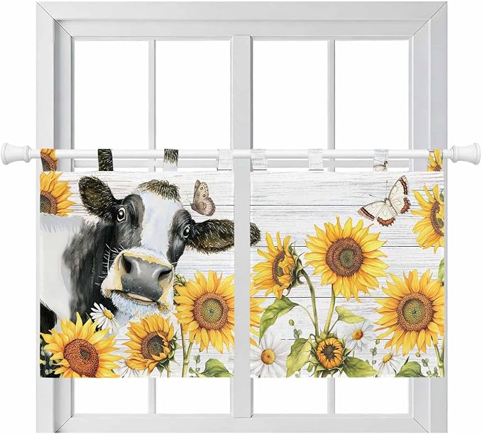 Retro Farmhouse Floral Kitchen Curtains 36 Inch Length, Small Window Curtains