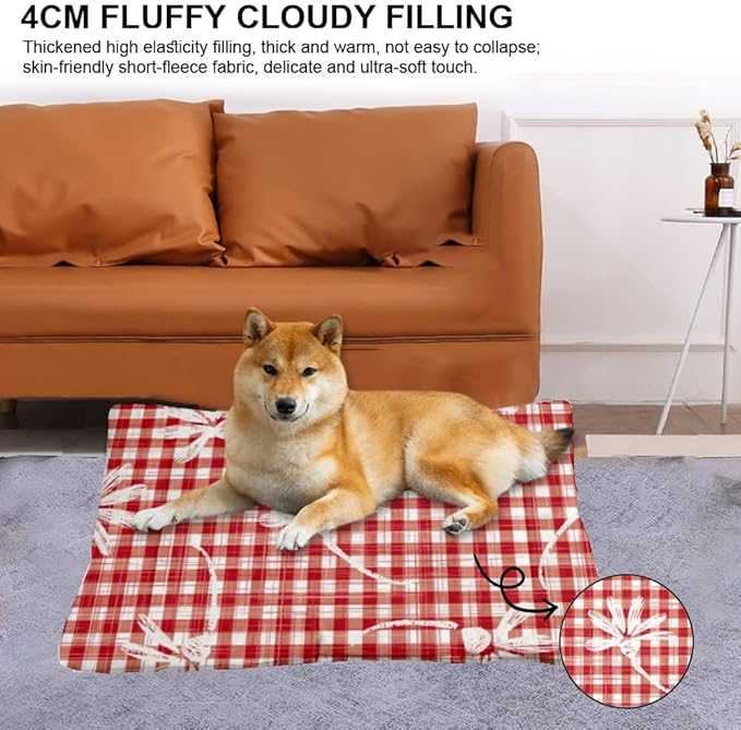 Red Floral Plaid Classic Backseat Dog Bed Non-Slip Mat for Dog Crate Crate Pads Pillow for Cages Washable Non-Slip Bed Small Cute Mat Pillows Indoor Outdoor 24X18 Inch