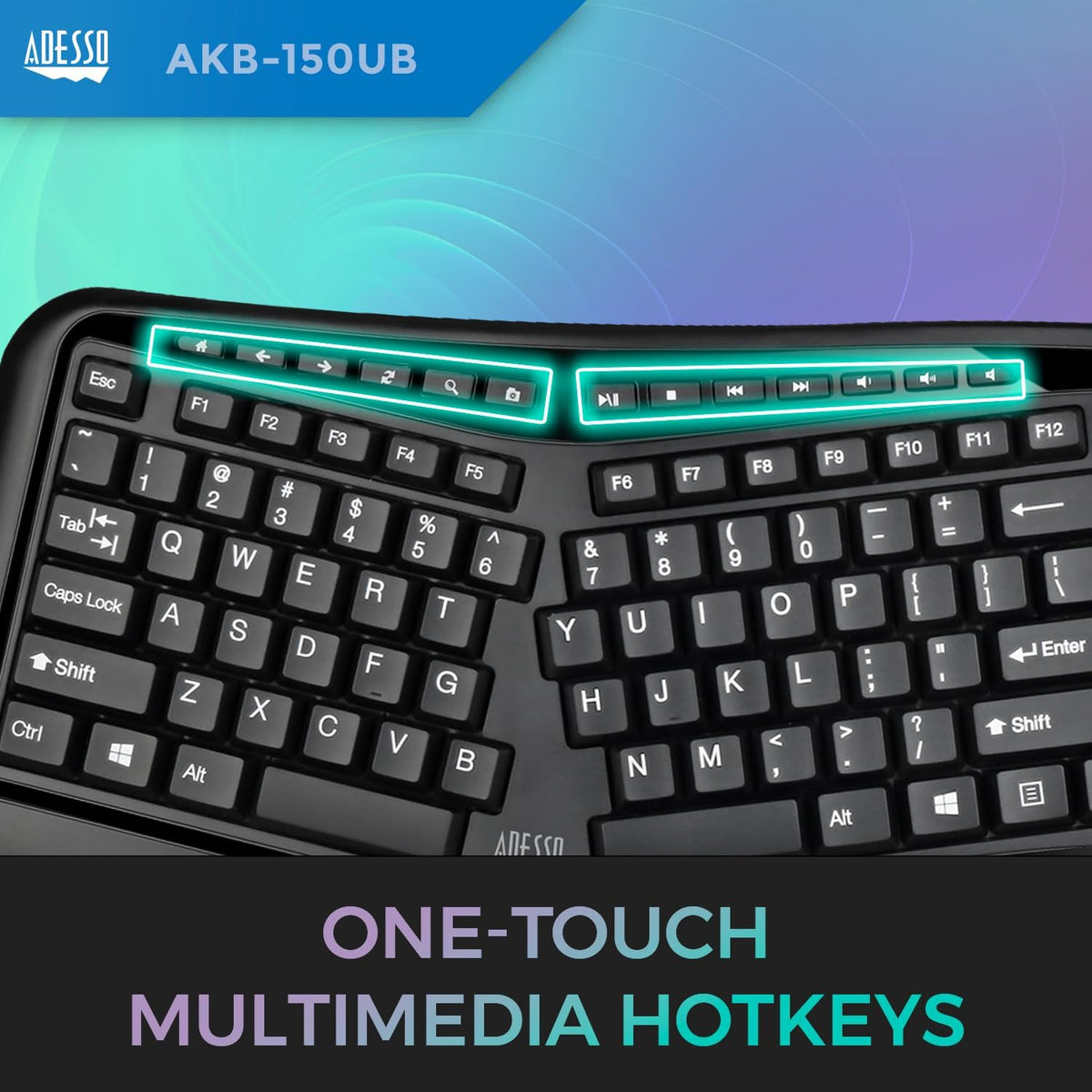 Adesso Ergonomic USB Keyboard, 105-Key US Layout AKB-150UB