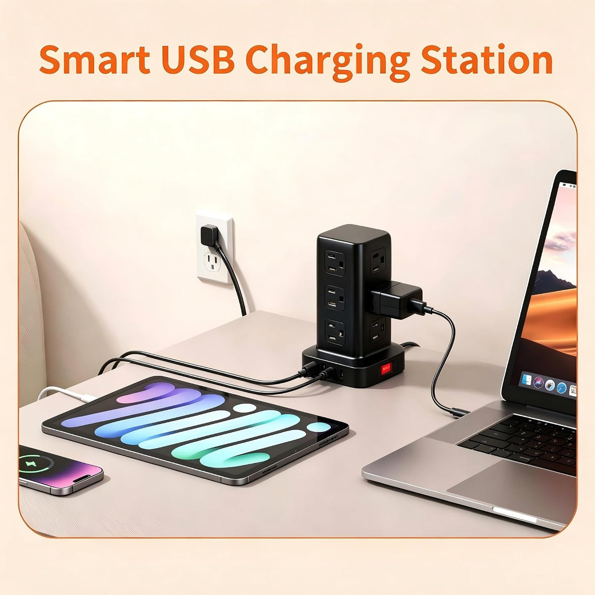 Extension Cord with Multiple Outlets, SMALLRT Flat Plug Power Strip Tower with USB 12 AC Outlets, 6.5FT Ultra Thin Extension Cord Outlet Extender for Home Office, Black