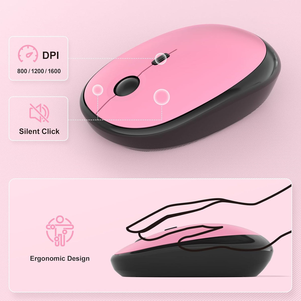 Wireless Keyboard Mouse Combo - Lovely CherryPink-Gradient Rainbow Full-Sized Typewriter Colorful Keyboards, Round Keycap Plug Play Retro Cute Keyboards for Windows, Laptop, PC, Desktop, Computer