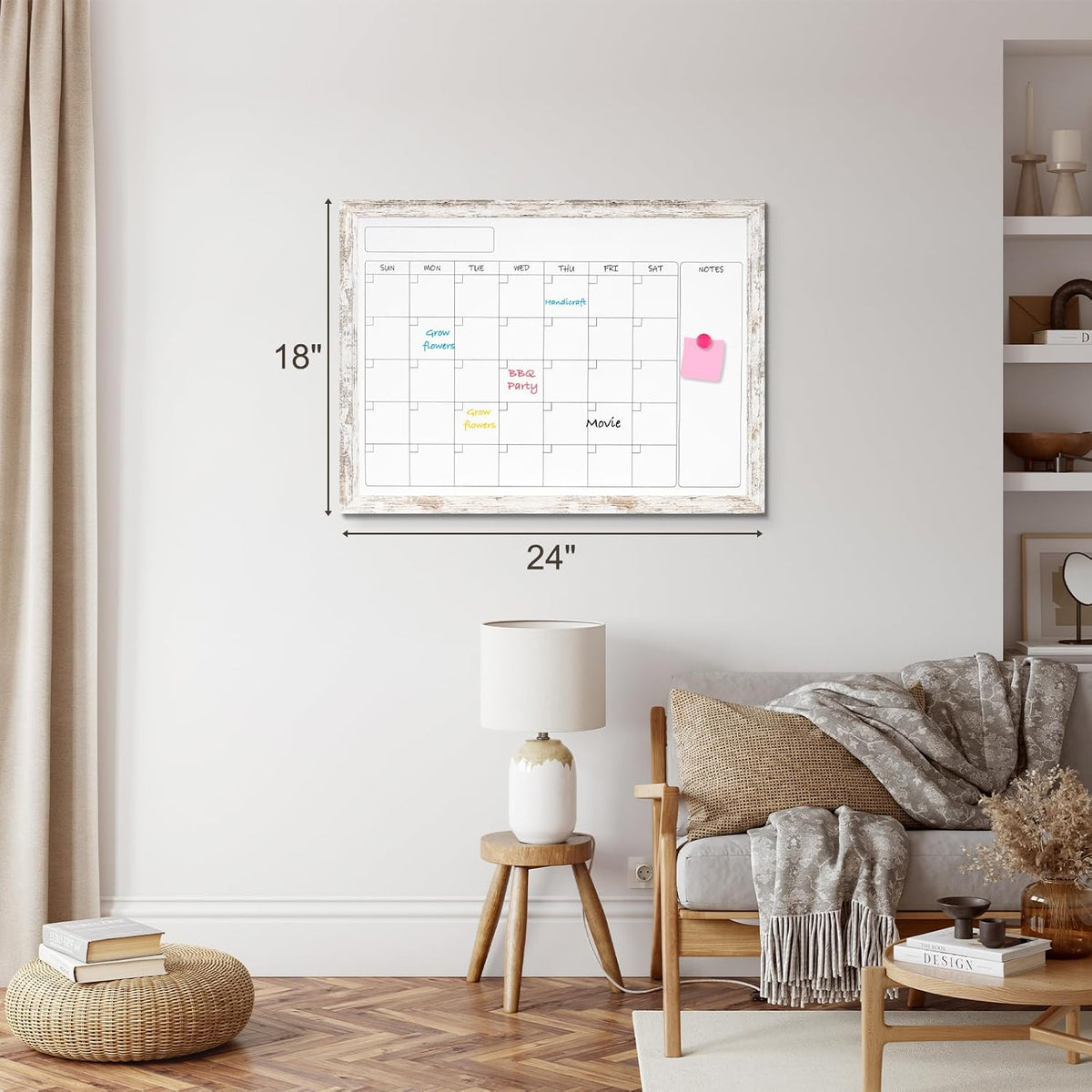 Monthly Dry Erase Calendar Whiteboard for Wall, 24"x18", Rustic Wood Frame