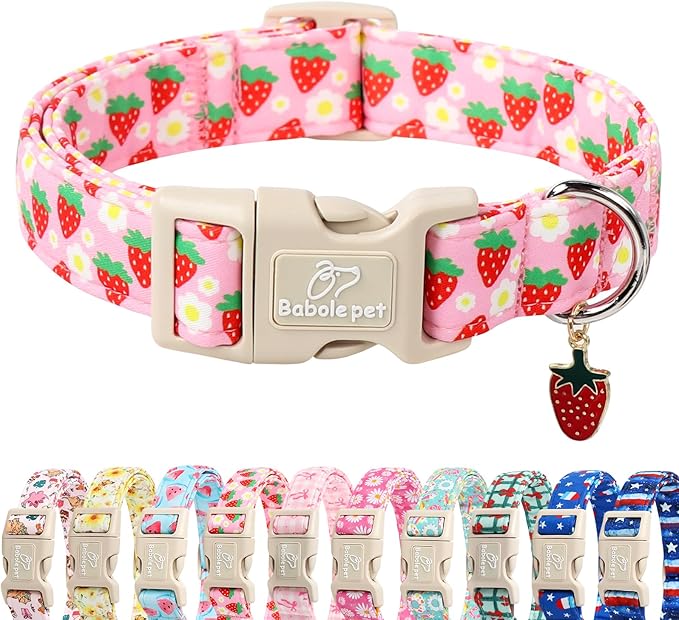 Cute Spring/Summer Dog Collar, Adjustable Pink Strawberry Dog Collars for Puppy Small Dogs, Lightweight Quick-Release Buckle Collar for Boy&Girl Dogs XS